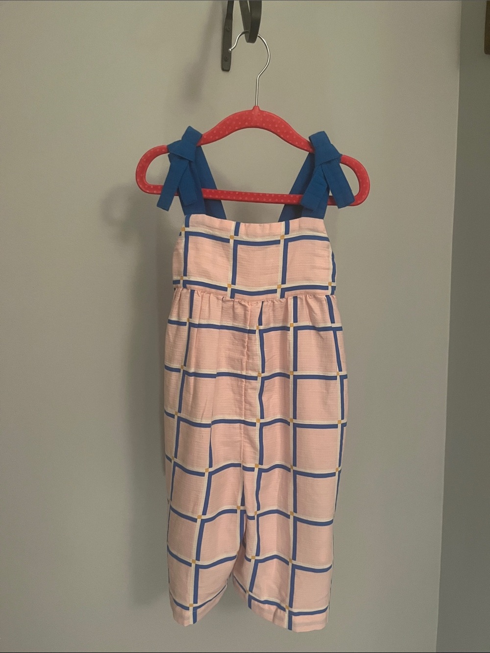 Open Edit Pink Grid Print Jumpsuit with Blue Tie Straps
